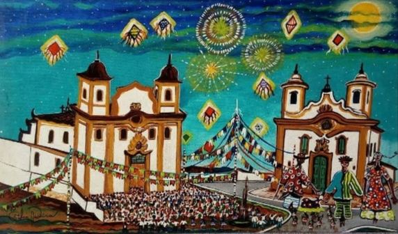 Pintura noturna de fogos e balões sobre duas igrejas de torres, com bandeirinhas, multidão e três figuras fantasiadas