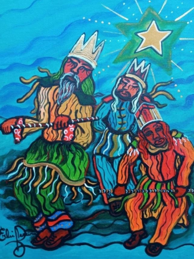 Pintura de três reis de coroa dançando com bastões sob uma estrela amarela, em fundo azul
