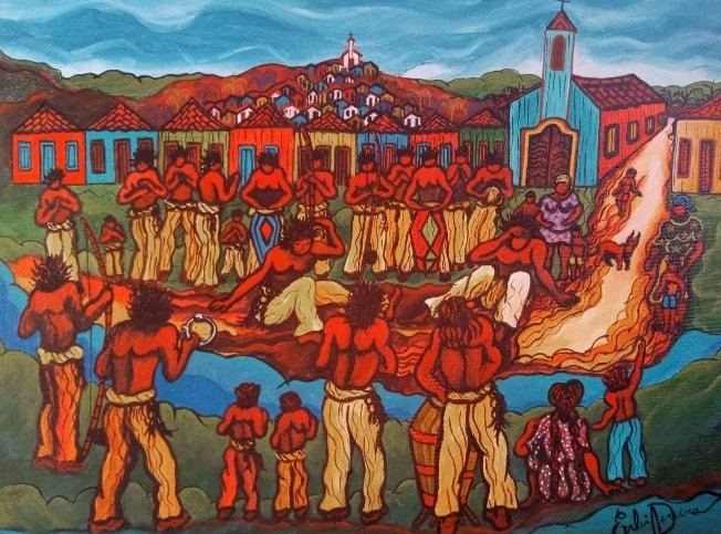 Pintura de uma roda de homens de calça clara numa rua de terra, com pandeiro, berimbau e tambor, igreja azul e casario ao fundo