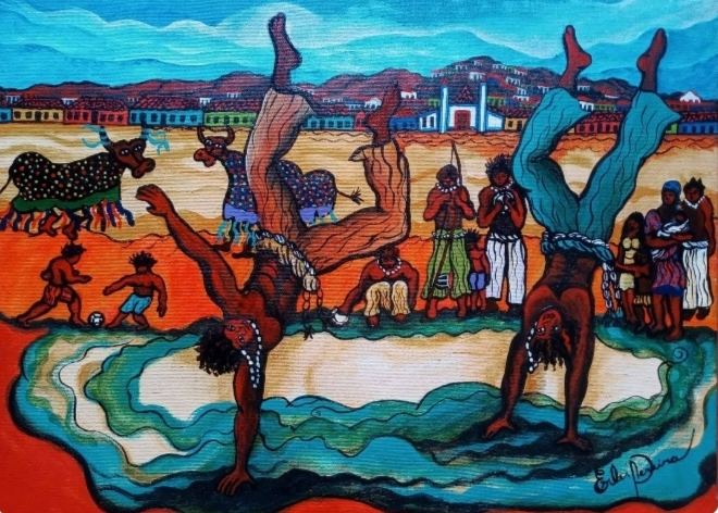 Pintura de dois capoeiristas de ponta-cabeça, um tocador de berimbau, dois bois enfeitados, crianças com bola e casario ao fundo