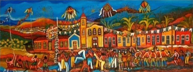 Pintura panorâmica de uma festa de rua, com pipas, balões e fogos no céu, bandeirinhas, igreja amarela, casario e multidão