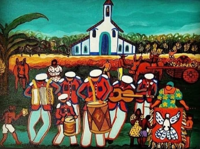 Pintura de uma guarda de uniforme vermelho e quepe branco tocando sanfona, tambores e viola, com estandarte de pomba, diante de igreja branca