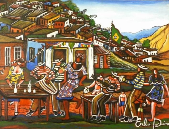 Pintura de músicos e dançarinos na porta de um boteco, com mesas e garrafas, bandeira do Brasil e casario no morro