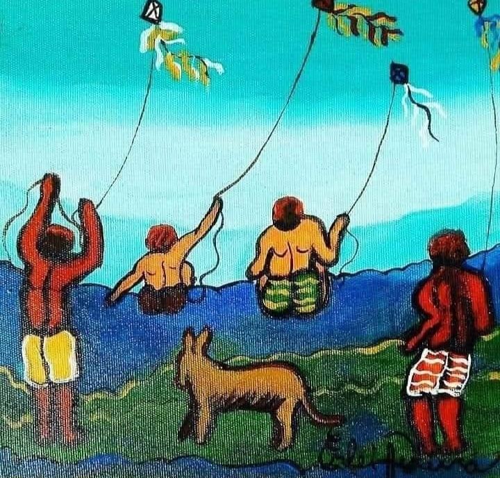 Pintura de quatro meninos de calção soltando pipa sob um céu turquesa, com um cachorro à frente
