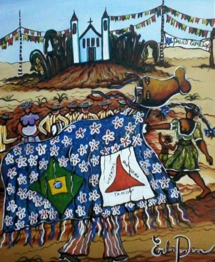 Pintura de um boi enfeitado com manto azul de flores brancas e as bandeiras do Brasil e de Minas Gerais, e uma igreja de duas torres no morro