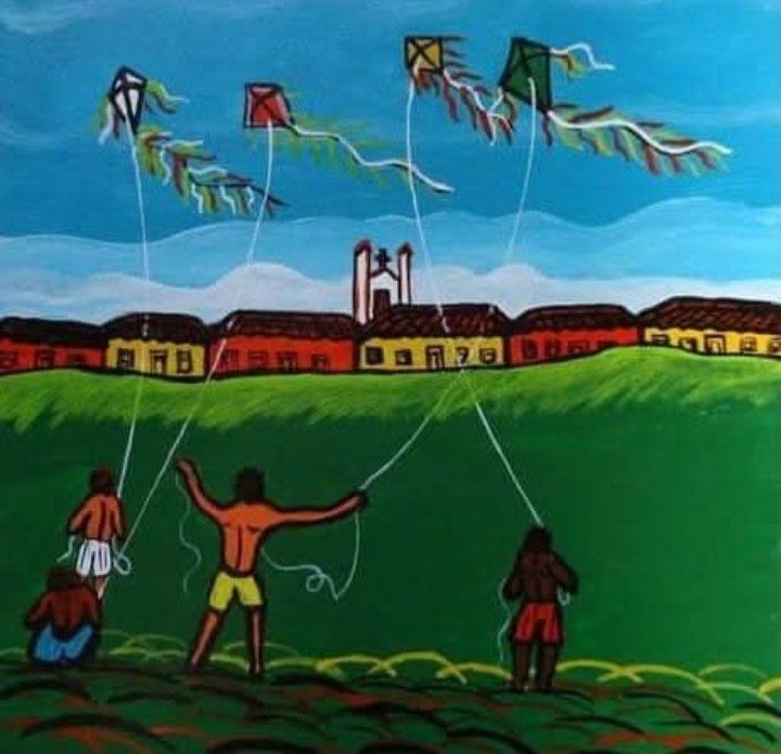 Pintura de quatro figuras soltando pipa num campo verde, três de pé e uma sentada, com casario e igreja de duas torres no horizonte