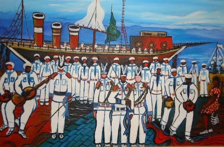 Pintura de um grupo vestido de marinheiro, de branco, com violões e pandeiros, diante de um navio atracado no cais